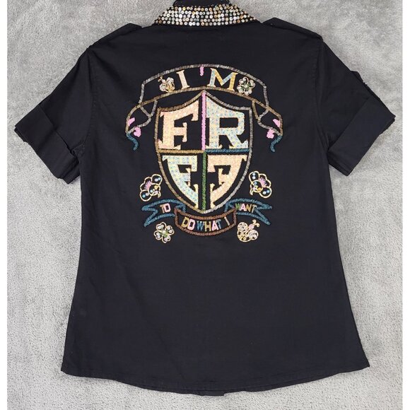 Free For Humanity Shirt Womens Small Black Sequined Button Up Short Sleeve Retro - Picture 1 of 9